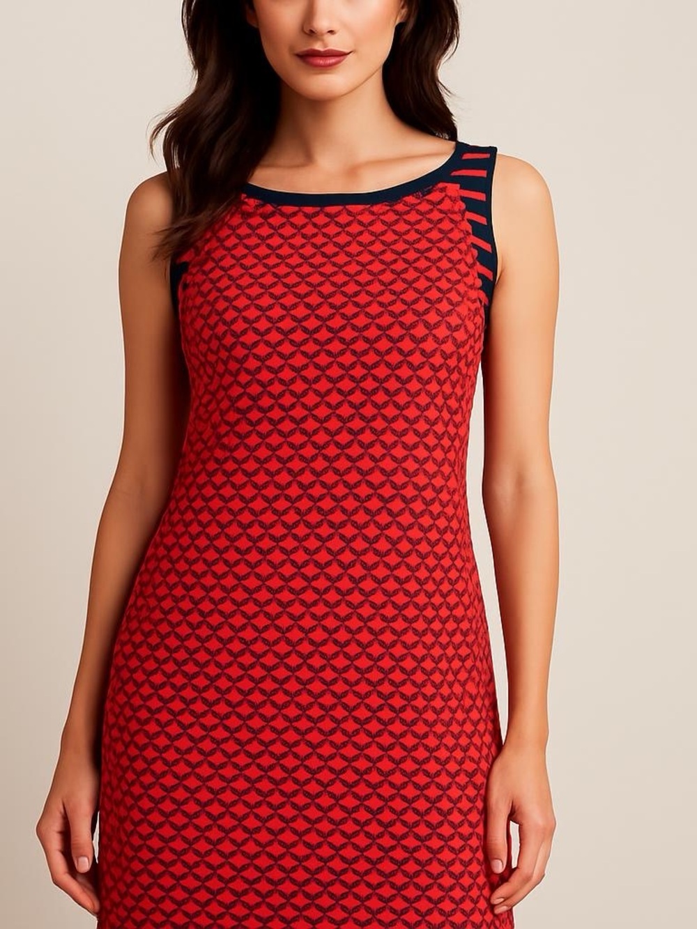 Ann Taylor Red Patterned Sleeveless Shift Dress with Navy Trim Size L